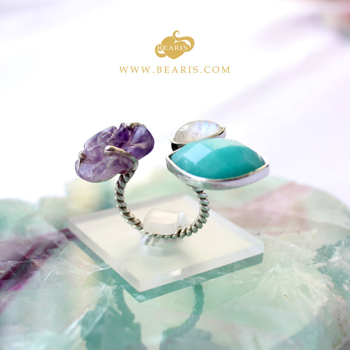 Sortija Flor Amatista + Amazonita + Piedra Luna