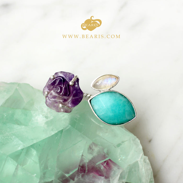 Sortija Flor Amatista + Amazonita + Piedra Luna