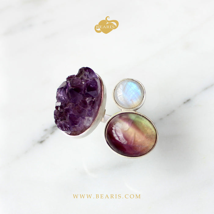 Sortija Drusa Amatista + Piedra Luna + Fluorita